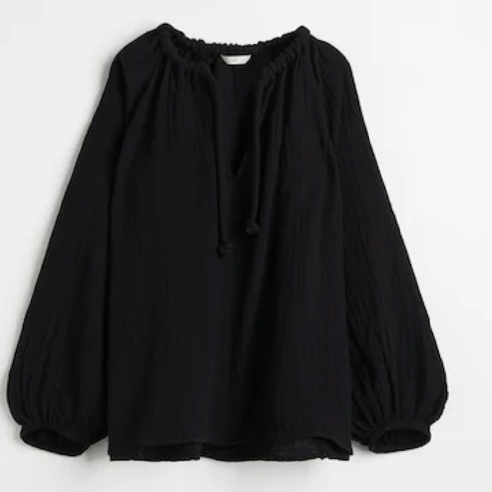 H&M Cotton Balloon-Sleeved Blouse in Black sz XS